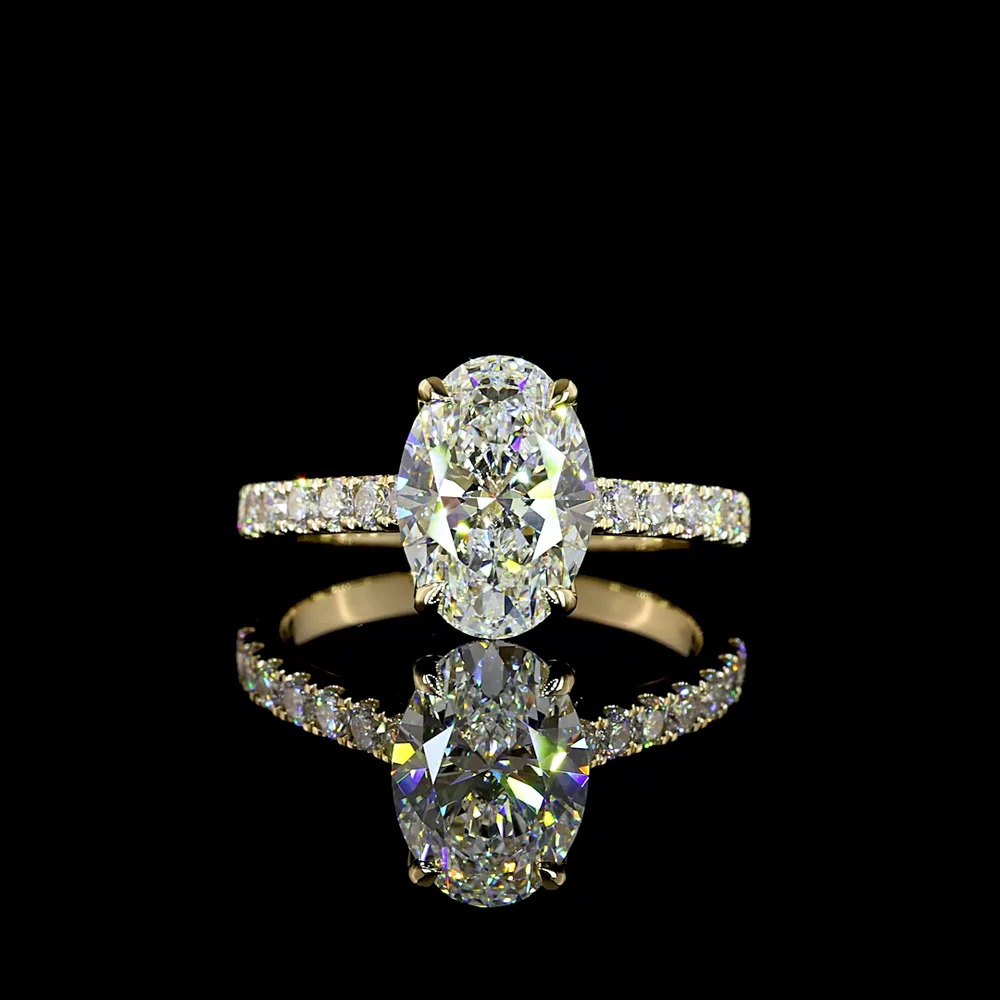 14K Yellow Gold Oval Cut Hidden Halo Ring with Lab Grown E VVS2 Diamond - 3.10 Carats Total Diamond Weight - Covaloro Fine Jewelry