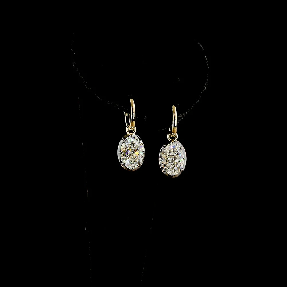 14K Yellow Gold Oval Cut Lab Diamond Drop Earrings with Black Rhodium Accents - 5.08 Carat Total Weight (2.55 Carats & 2.53 Carats Each) - Covaloro Fine Jewelry