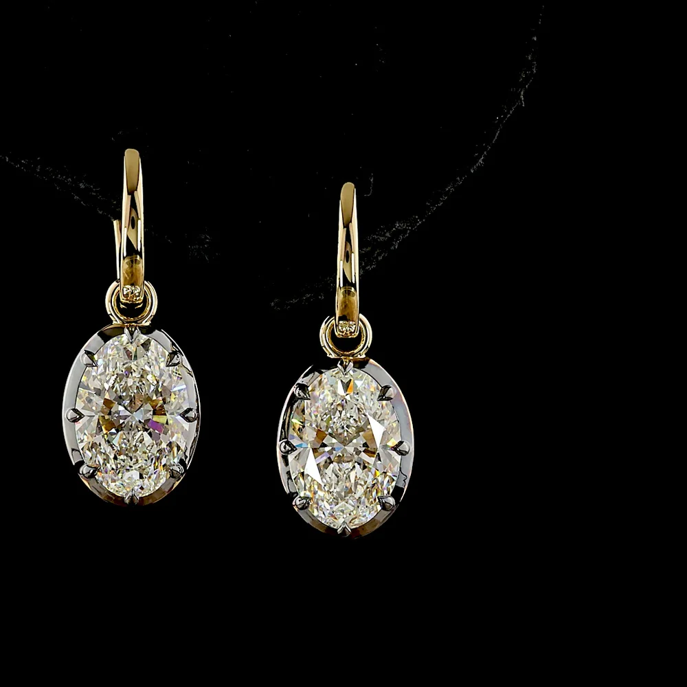 14K Yellow Gold Oval Cut Lab Diamond Drop Earrings with Black Rhodium Accents - 5.08 Carat Total Weight (2.55 Carats & 2.53 Carats Each) - Covaloro Fine Jewelry - Image 2