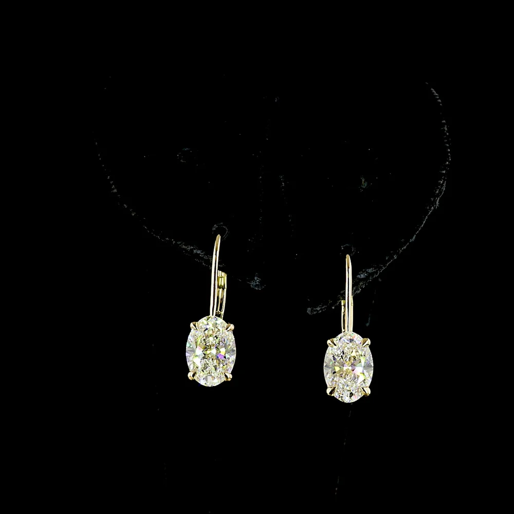 14K Yellow Gold Oval Cut Lab Diamond Hanging Earrings - 3.14 Carats Total Diamond Weight (E-F Color, VS1 Clarity) with Brilliant Cut Accents - Covaloro Fine Jewelry