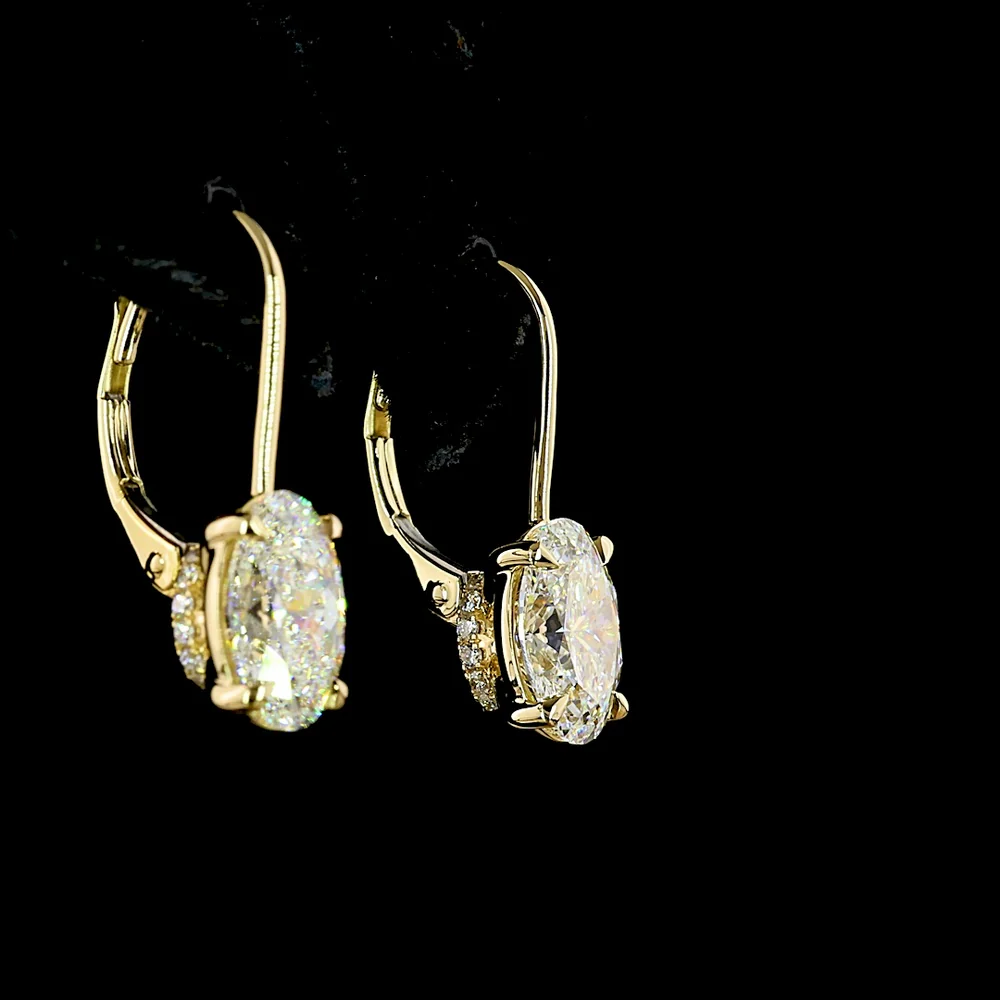 14K Yellow Gold Oval Cut Lab Diamond Hanging Earrings - 3.14 Carats Total Diamond Weight (E-F Color, VS1 Clarity) with Brilliant Cut Accents - Covaloro Fine Jewelry - Image 4