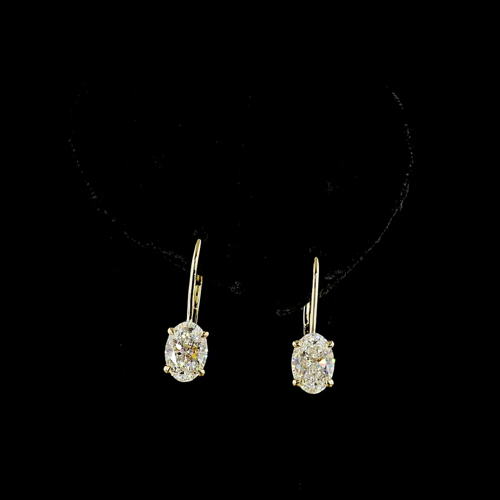 14K Yellow Gold Oval Cut Lab Diamond Hanging Earrings with Brilliant Accents - 2.11 Carat Total Weight, E VS1 Clarity - Covaloro Fine Jewelry