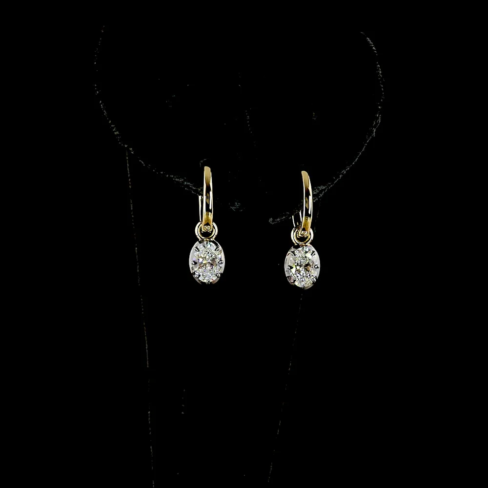 14K Yellow Gold Oval Cut Lab Diamond Hanging Earrings with Prong and Black Rhodium Bezel Setting - 1.08 Carats Total Diamond Weight - Covaloro Fine Jewelry