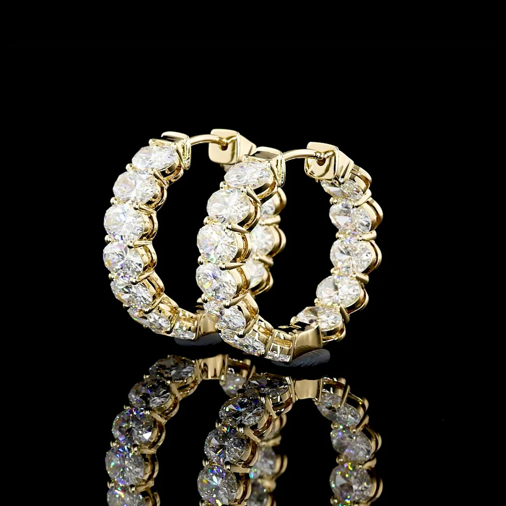 14K Yellow Gold Oval Cut Lab Diamond Huggie Earrings with Prong Settings - 6.61 Carat Total Diamond Weight (E-F Color, VS2 Clarity) - Covaloro Fine Jewelry - Image 2