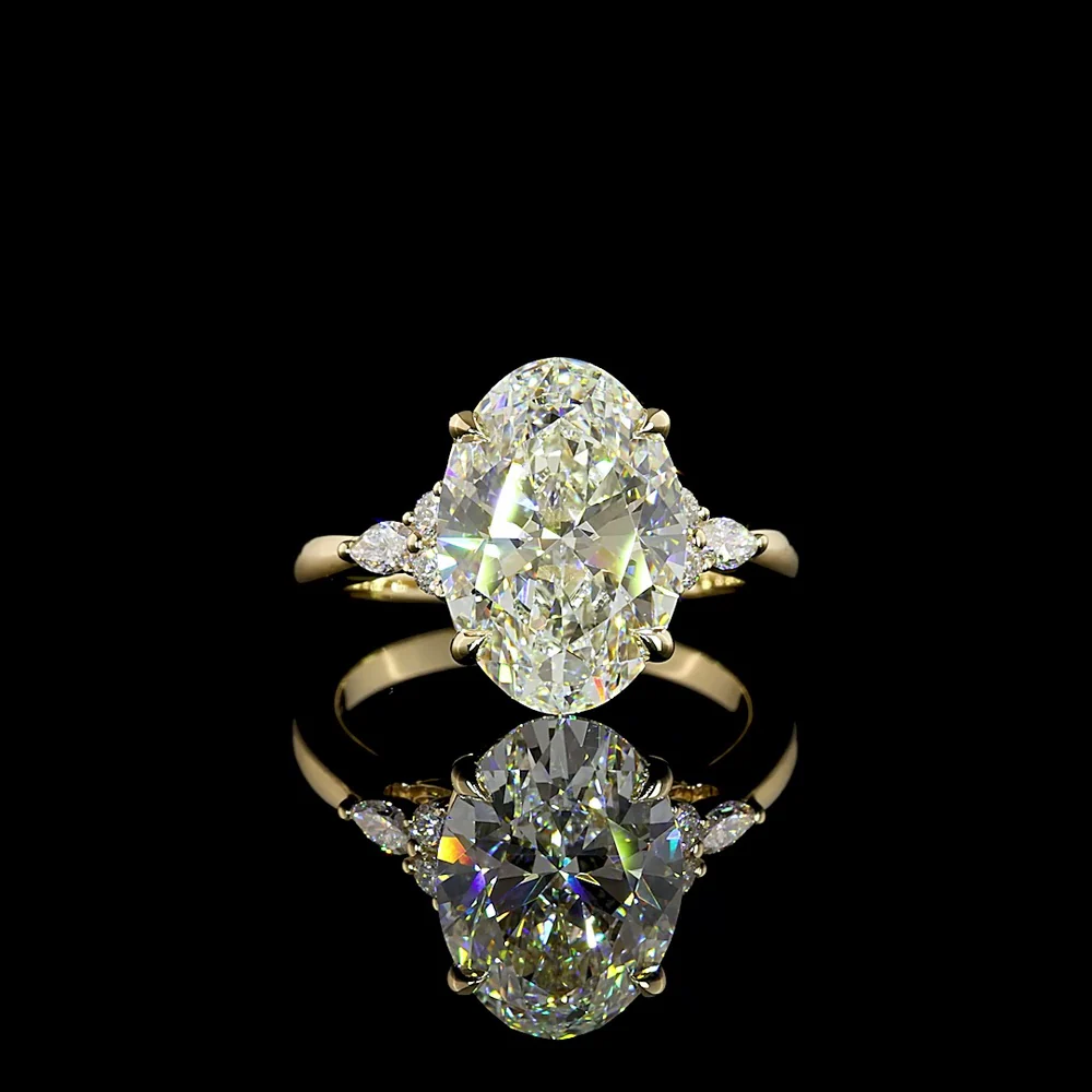 14K Yellow Gold Oval Cut Lab Diamond Ring with Marquise and Round Side Stones - 4.91 Carat Total Diamond Weight, G VVS2 - Covaloro Fine Jewelry