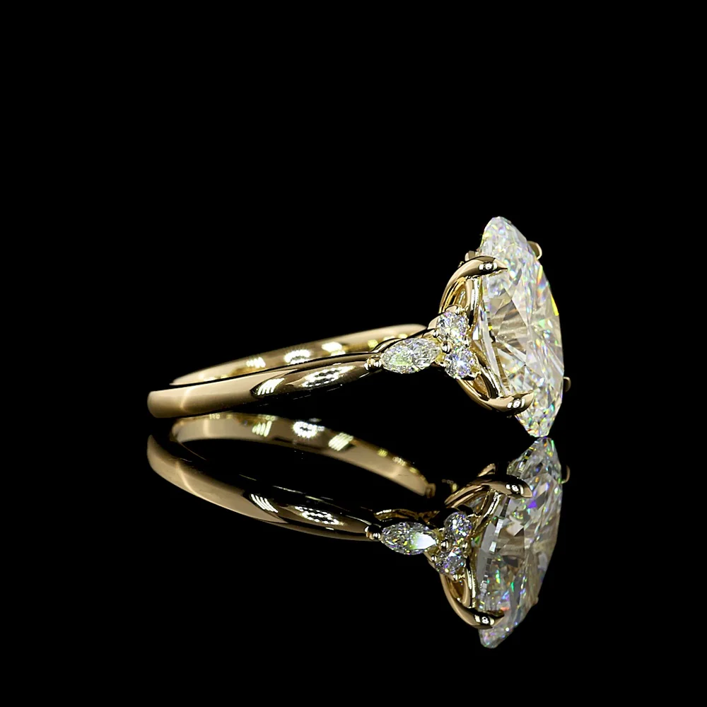 14K Yellow Gold Oval Cut Lab Diamond Ring with Marquise and Round Side Stones - 4.91 Carat Total Diamond Weight, G VVS2 - Covaloro Fine Jewelry - Image 2