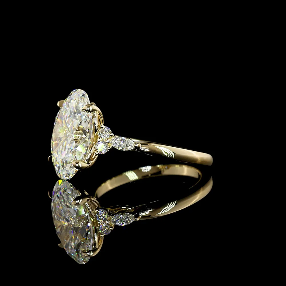 14K Yellow Gold Oval Cut Lab Diamond Ring with Marquise and Round Side Stones - 4.91 Carat Total Diamond Weight, G VVS2 - Covaloro Fine Jewelry - Image 3