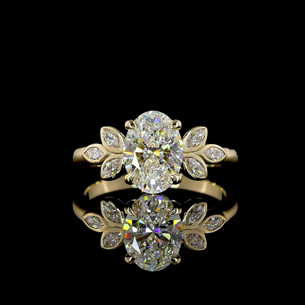 14K Yellow Gold Oval Cut Lab Diamond Ring with Marquise Leaf Motif Side Stones - 1.74 Carat Total Weight, D VVS2, IGI Certified - Covaloro Fine Jewelry