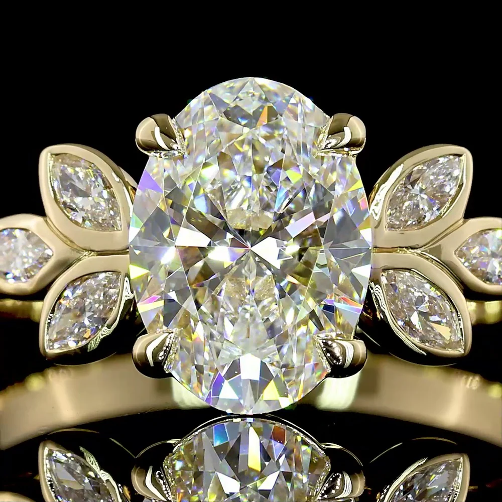 14K Yellow Gold Oval Cut Lab Diamond Ring with Marquise Leaf Motif Side Stones - 1.74 Carat Total Weight, D VVS2, IGI Certified - Covaloro Fine Jewelry - Image 2