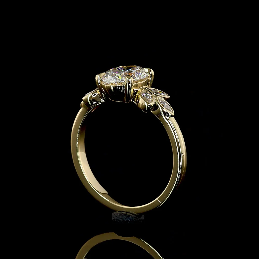 14K Yellow Gold Oval Cut Lab Diamond Ring with Marquise Leaf Motif Side Stones - 1.74 Carat Total Weight, D VVS2, IGI Certified - Covaloro Fine Jewelry - Image 3