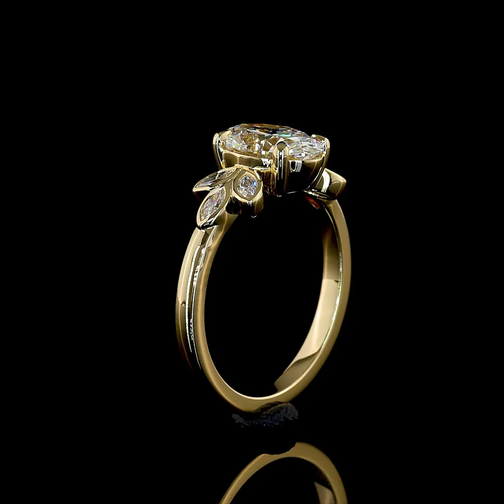 14K Yellow Gold Oval Cut Lab Diamond Ring with Marquise Leaf Motif Side Stones - 1.74 Carat Total Weight, D VVS2, IGI Certified - Covaloro Fine Jewelry - Image 4