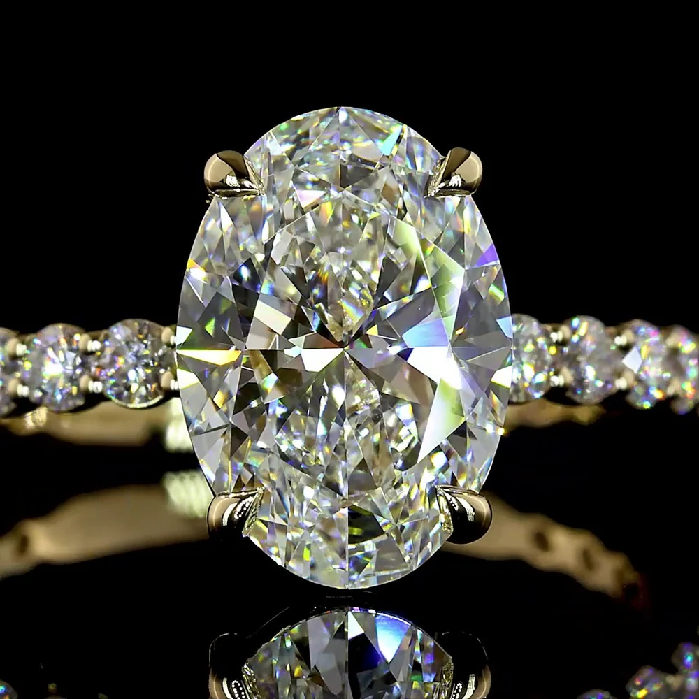 14K Yellow Gold Oval Cut Lab Diamond Solitaire Ring with Diamond Shank - 3.17 Carat Total Weight, D VVS2 Center - Covaloro Fine Jewelry - Image 2