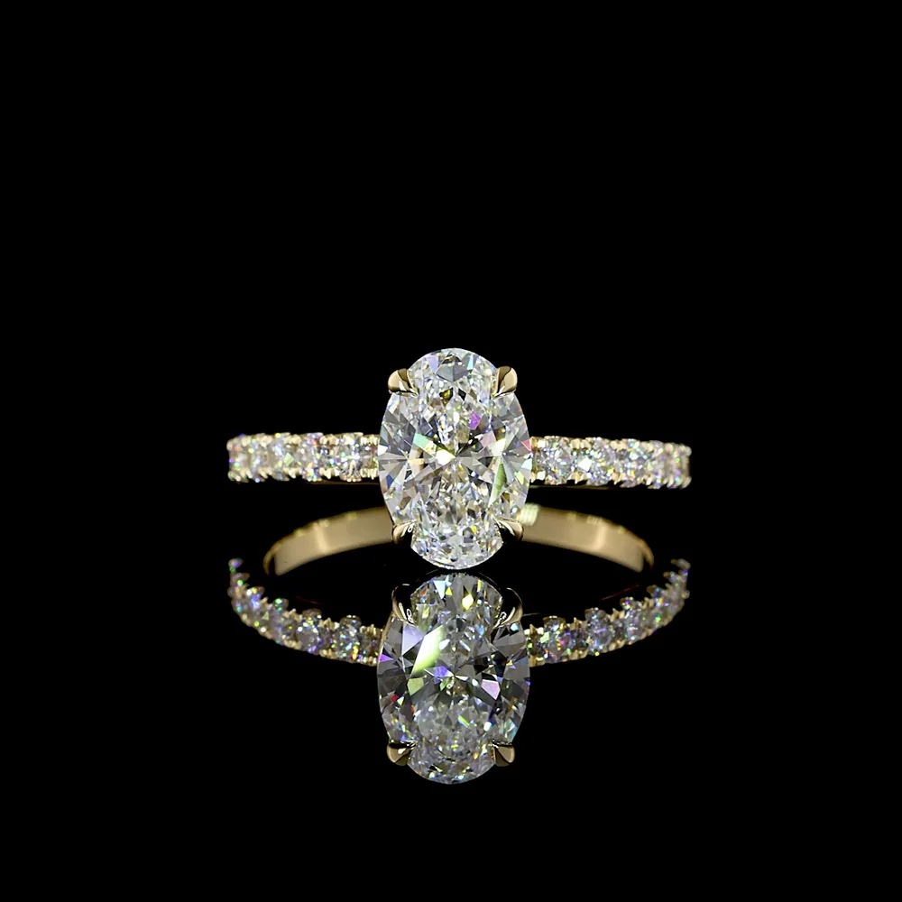 14K Yellow Gold Oval Cut Lab Diamond Solitaire Ring with Pave Diamond Shank - 1.93 Carats Total Diamond Weight, D VVS2 Center - Covaloro Fine Jewelry