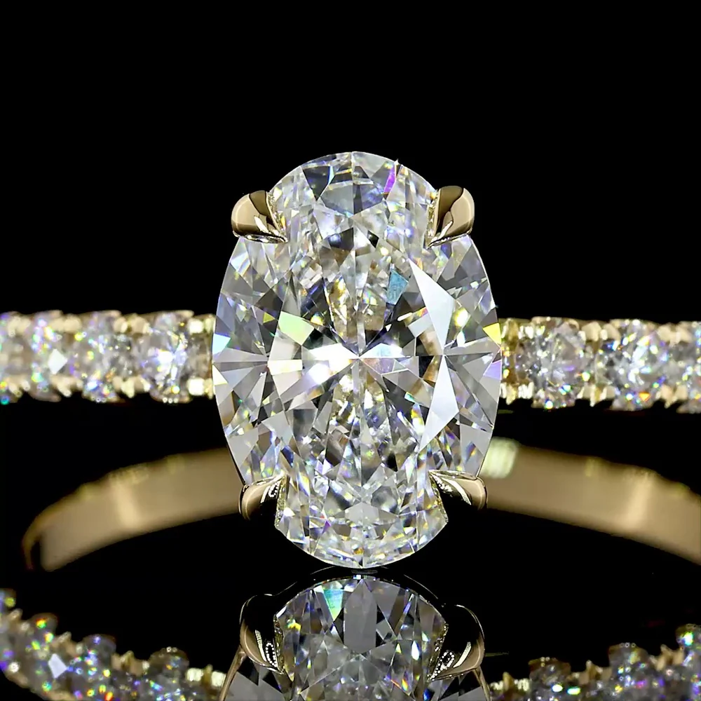 14K Yellow Gold Oval Cut Lab Diamond Solitaire Ring with Pave Diamond Shank - 1.93 Carats Total Diamond Weight, D VVS2 Center - Covaloro Fine Jewelry - Image 2
