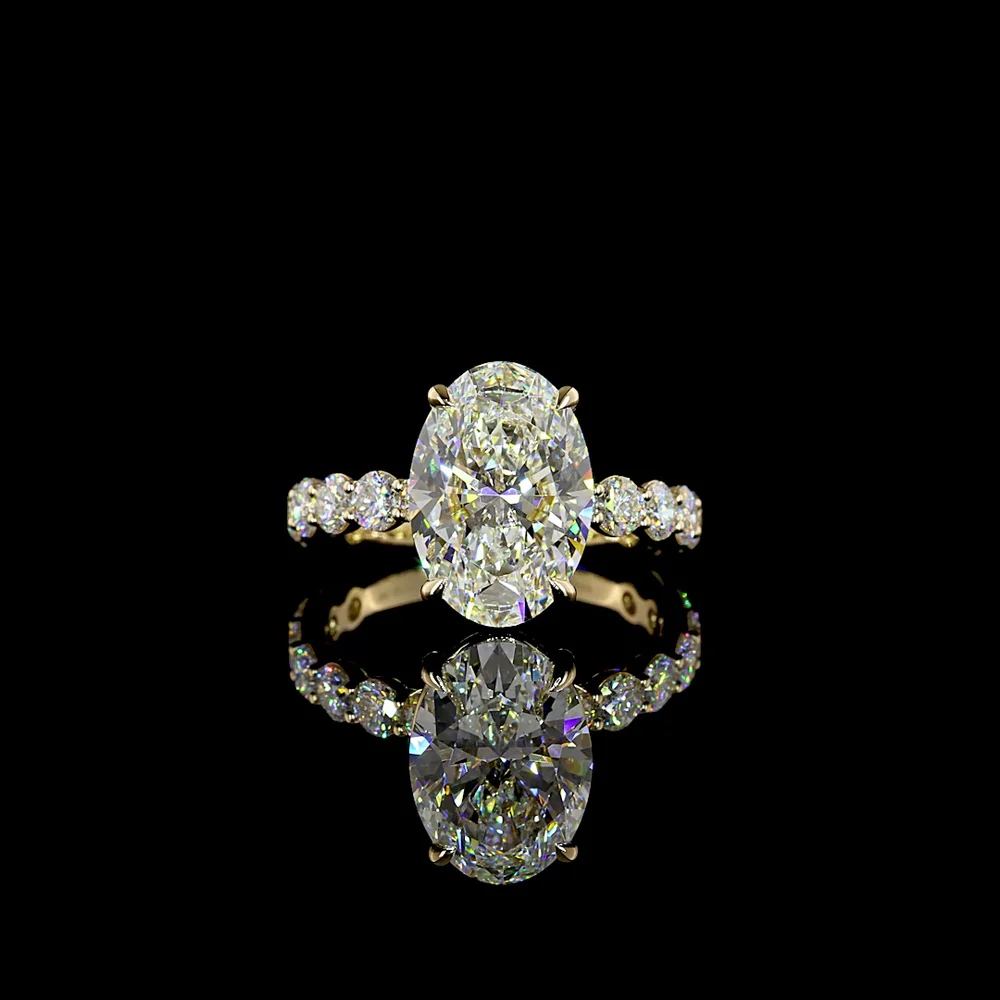 14K Yellow Gold Oval Cut Lab Diamond Solitaire Shank Ring with 4.08 Carat E VVS2 Center and 1.40 Carat Accent Diamonds - 5.48 Total Carat Weight - Covaloro Fine Jewelry