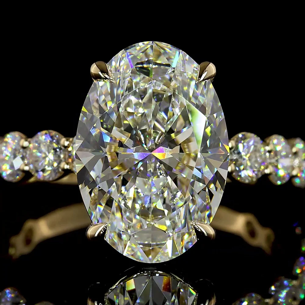 14K Yellow Gold Oval Cut Lab Diamond Solitaire Shank Ring with 4.08 Carat E VVS2 Center and 1.40 Carat Accent Diamonds - 5.48 Total Carat Weight - Covaloro Fine Jewelry - Image 2