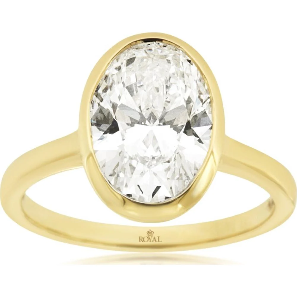 14K Yellow Gold Oval Cut Lab Grown Diamond Bezel Set Engagement Ring - 3.00 Carat Total Diamond Weight - Royal Jewelry
