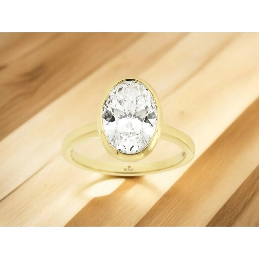 14K Yellow Gold Oval Cut Lab Grown Diamond Bezel Set Engagement Ring - 3.00 Carat Total Diamond Weight - Royal Jewelry - Image 2