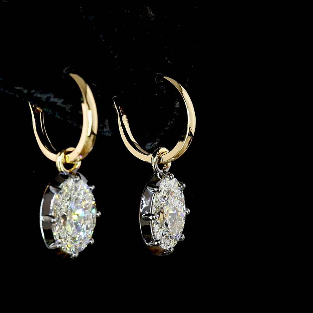 14K Yellow Gold Oval Drop Earrings with 3.09 Carat Total Weight Lab Grown Diamonds - F VS1 Clarity with Black Rhodium Bezel Detail - Covaloro Fine Jewelry - Image 4