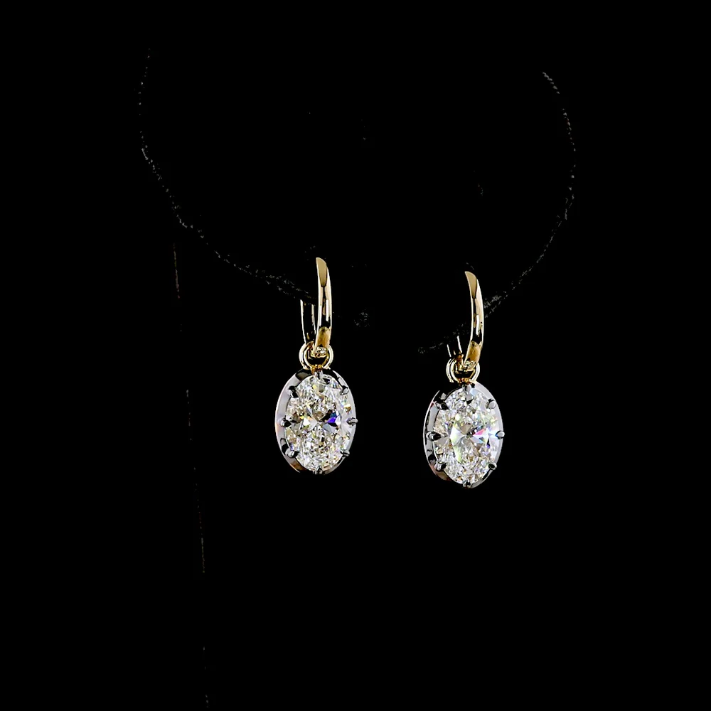 14K Yellow Gold Oval Drop Earrings with Black Rhodium Bezel and Prong Set Lab Diamonds - 4.00 Carats Total Diamond Weight - Covaloro Fine Jewelry