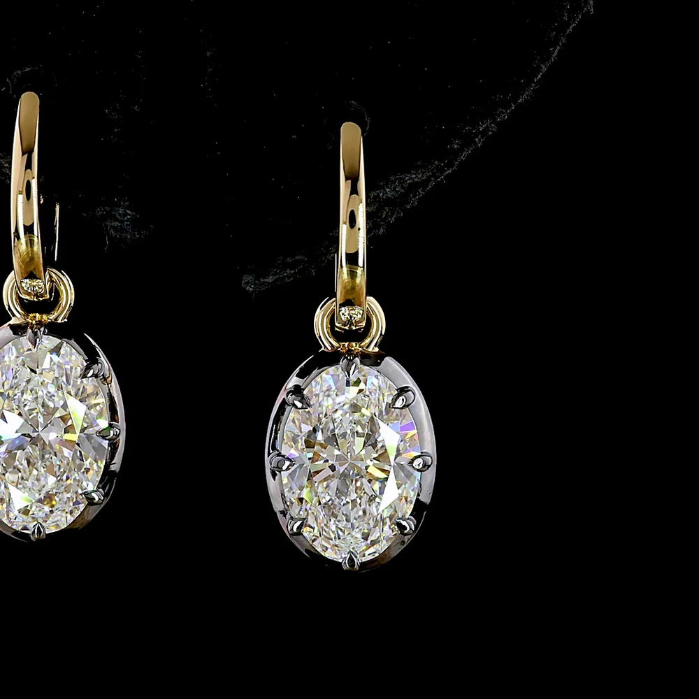 14K Yellow Gold Oval Drop Earrings with Black Rhodium Bezel and Prong Set Lab Diamonds - 4.00 Carats Total Diamond Weight - Covaloro Fine Jewelry - Image 2