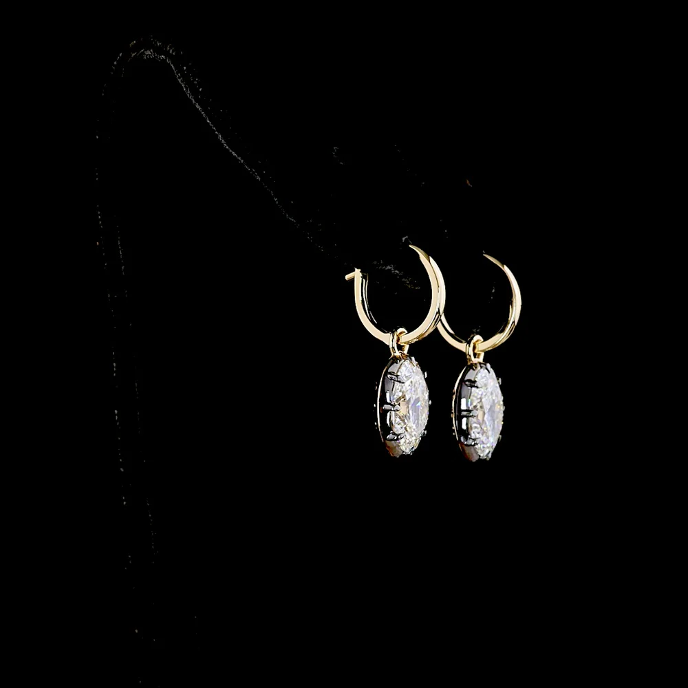 14K Yellow Gold Oval Drop Earrings with Black Rhodium Bezel and Prong Set Lab Diamonds - 4.00 Carats Total Diamond Weight - Covaloro Fine Jewelry - Image 3