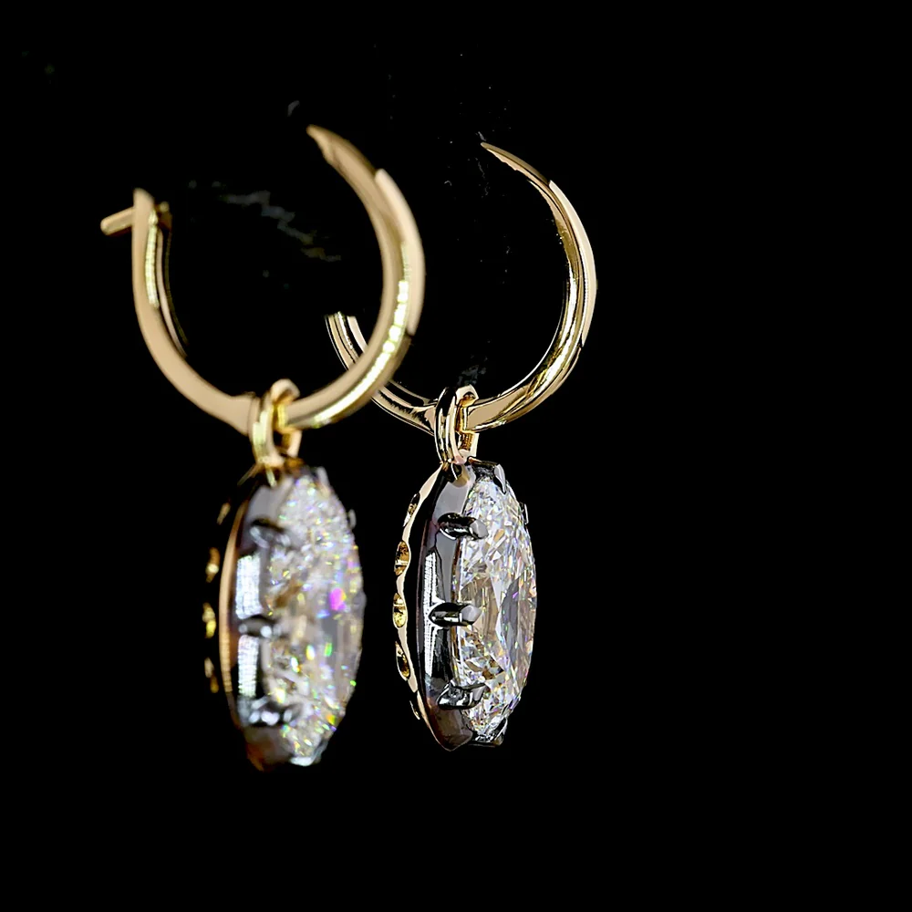 14K Yellow Gold Oval Drop Earrings with Black Rhodium Bezel and Prong Set Lab Diamonds - 4.00 Carats Total Diamond Weight - Covaloro Fine Jewelry - Image 4