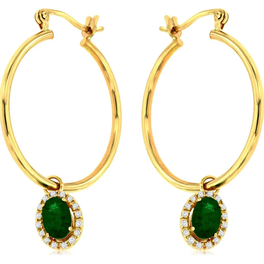14K Yellow Gold Oval Emerald & Diamond Halo Drop Earrings - 0.88 Carats Total Emerald Weight - Royal Jewelry