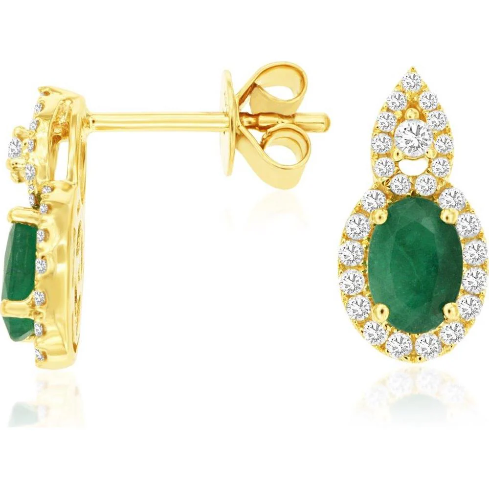 14K Yellow Gold Oval Emerald and Diamond Halo Drop Earrings with Pear-Shaped Diamond Motif - 0.95 Carat Total Emerald Weight, 0.32 Carat Total Diamond Weight - Royal Jewelry