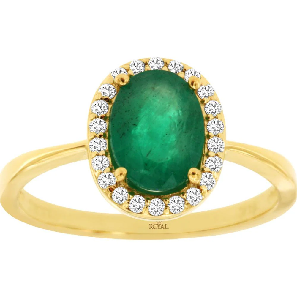 14K Yellow Gold Oval Emerald and Diamond Halo Ring - 1.10 Carat Emerald Total Weight with 0.14 Carat Diamond Accent - Royal Jewelry