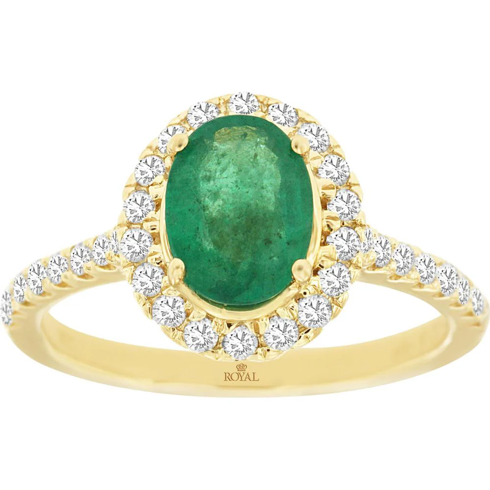 14K Yellow Gold Oval Emerald & Diamond Halo Ring – 1.10 Carat Emerald with 0.50 Carat Total Diamond Weight - Royal Jewelry