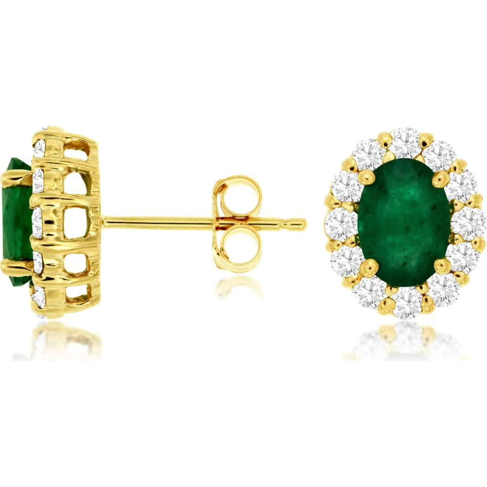 14K Yellow Gold Oval Emerald and Diamond Halo Stud Earrings - 1.40 Carat Total Emerald Weight, 0.60 Carat Total Diamond Weight - Royal Jewelry