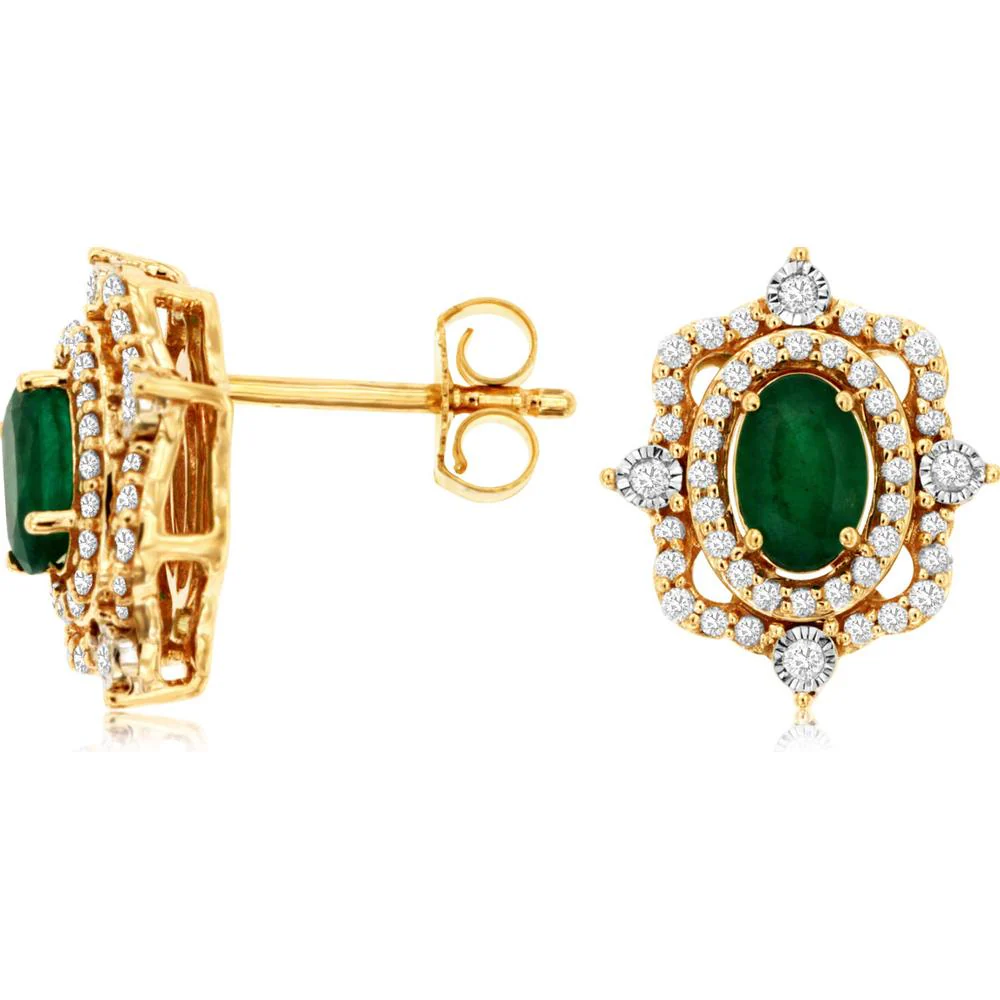 14K Yellow Gold Oval Emerald and Diamond Halo Stud Earrings with Milgrain Detail - 0.88 Carat Total Emerald Weight, 0.39 Carat Total Diamond Weight - Royal Jewelry