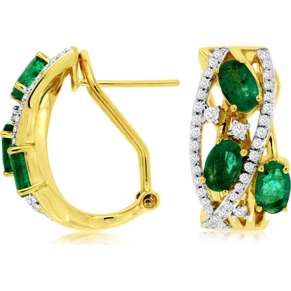 14K Yellow Gold Oval Emerald and Diamond Hoop Earrings - 1.25 Carat Total Emerald Weight and 0.33 Carat Total Diamond Weight - Royal Jewelry