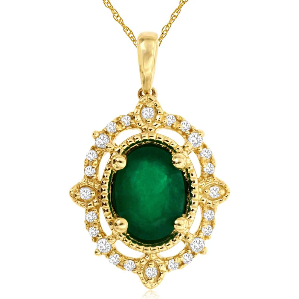 14K Yellow Gold Oval Emerald and Diamond Pendant with 1.10 Carat Emerald and 0.12 Carat Total Diamond Weight - Royal Jewelry