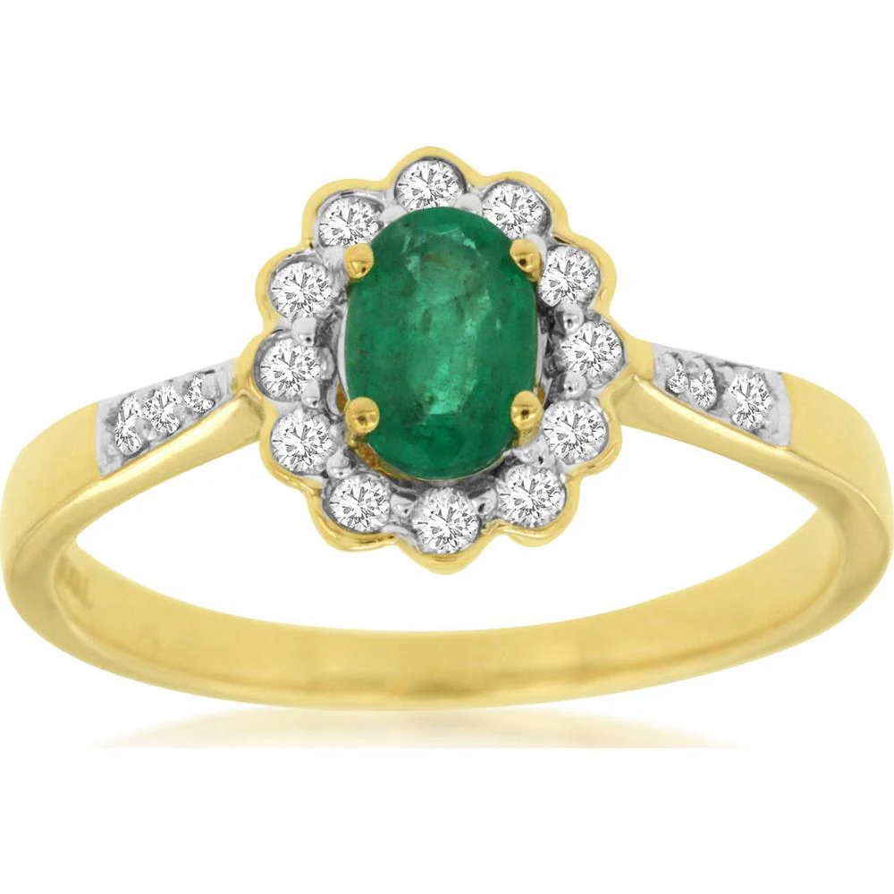 14K Yellow Gold Oval Emerald and Diamond Scalloped Halo Ring - 0.43 Carat Emerald, 0.22 Carat Total Diamond Weight - Royal Jewelry