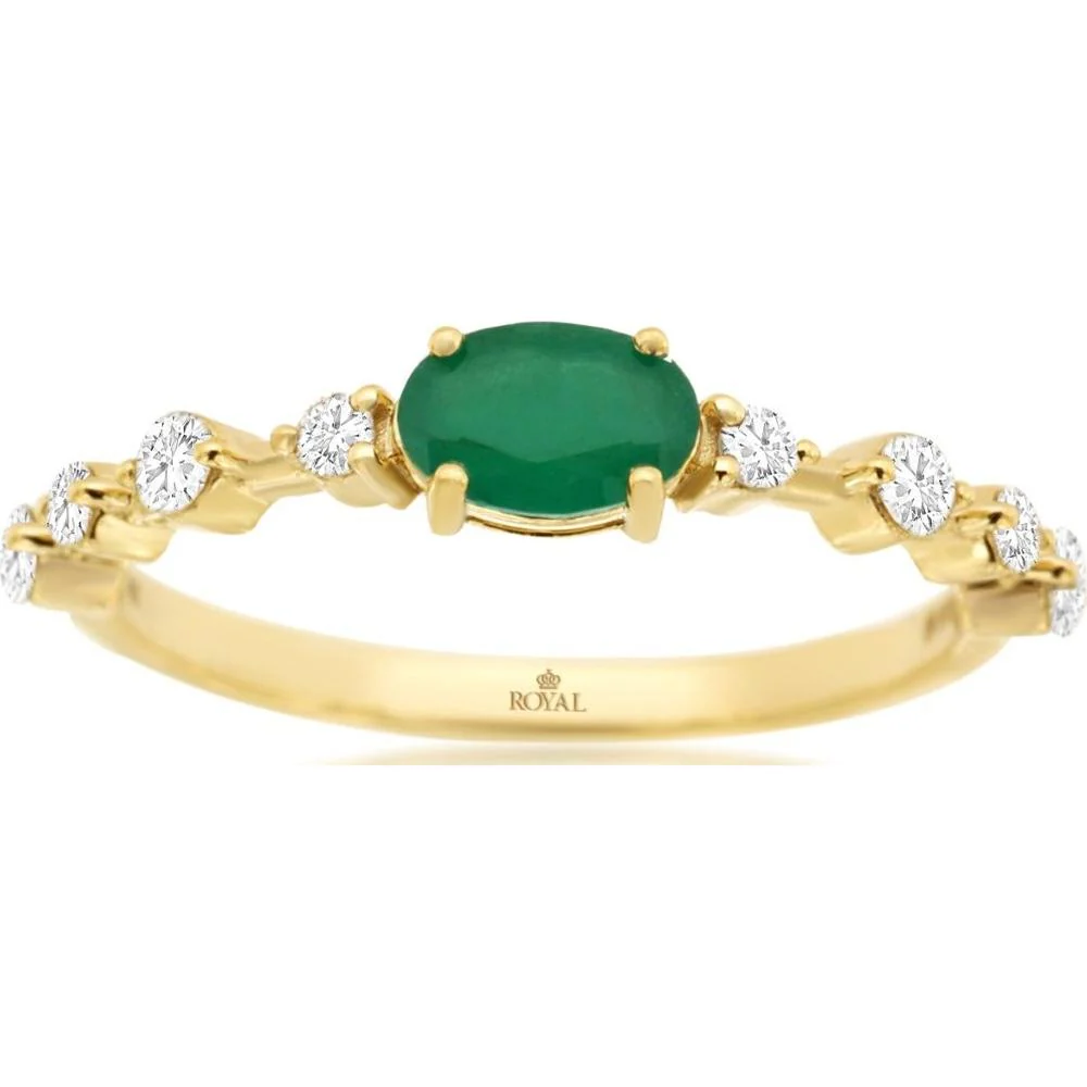 14K Yellow Gold Oval Emerald & Round Diamond Ring - 0.50 Carat Emerald, 0.25 Carat Diamond Total Weight - Royal Jewelry