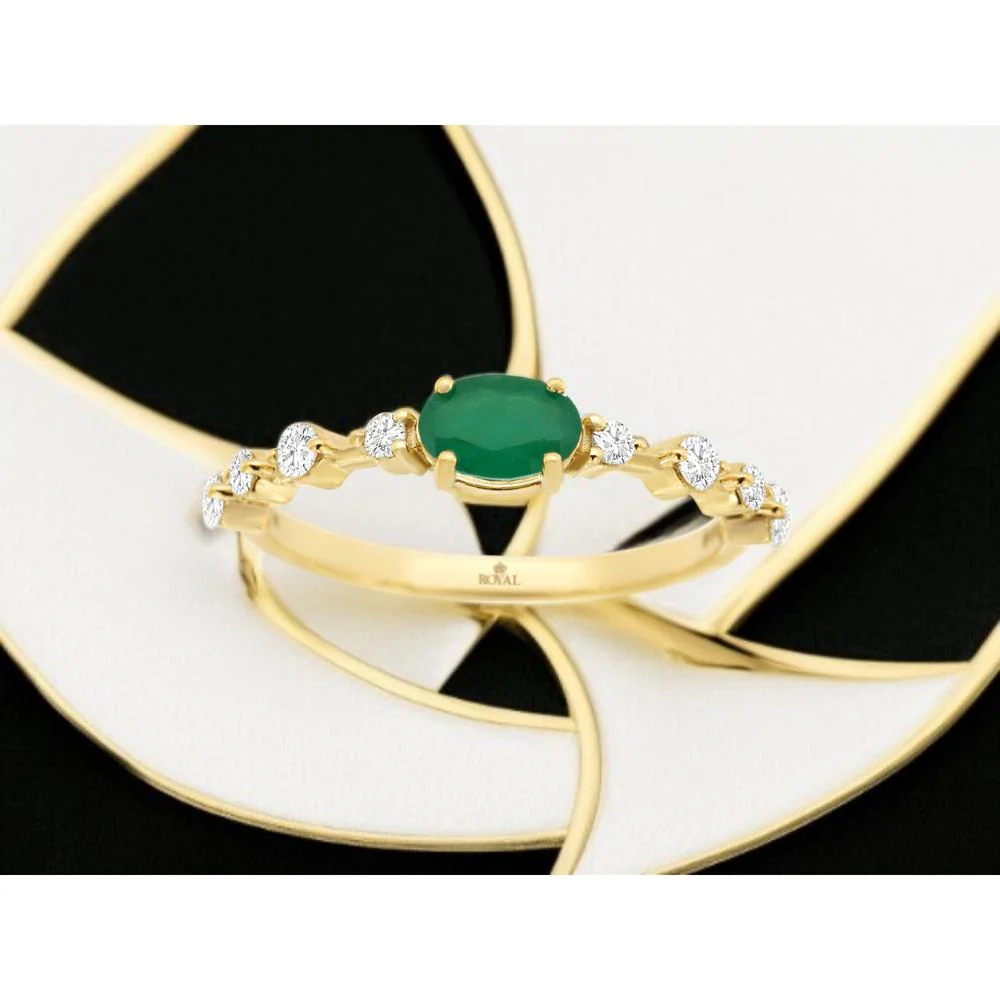 14K Yellow Gold Oval Emerald & Round Diamond Ring - 0.50 Carat Emerald, 0.25 Carat Diamond Total Weight - Royal Jewelry - Image 2