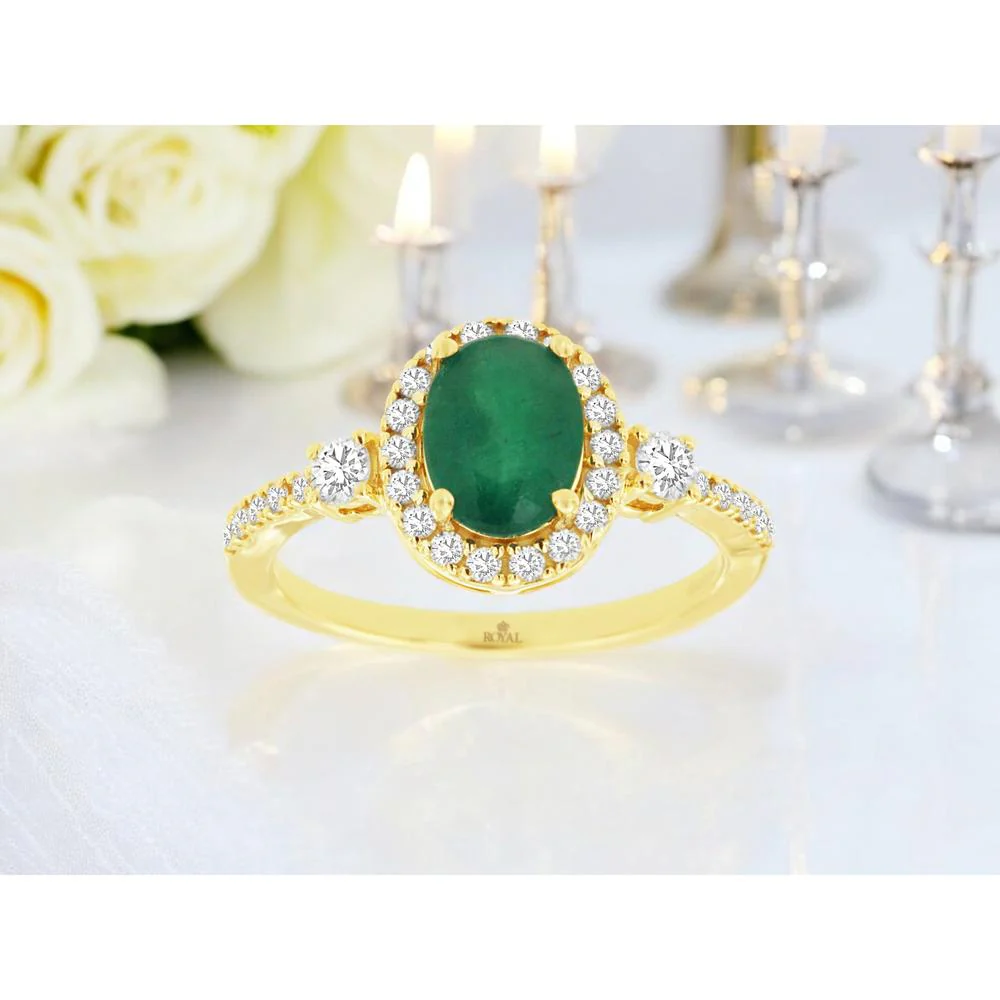 14K Yellow Gold Oval Emerald Halo Ring with Round Diamonds - 1.10 Carat Emerald and 0.40 Carat Total Diamond Weight - Royal Jewelry - Image 2