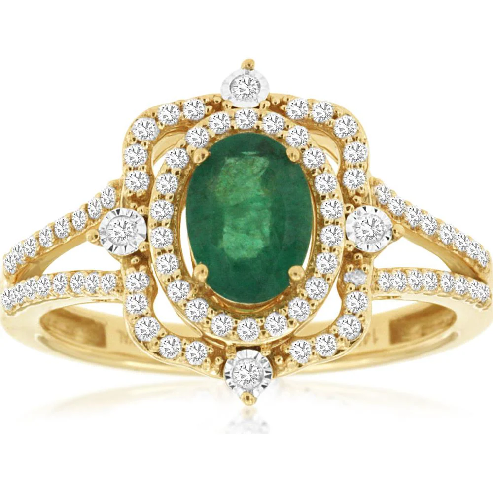 14K Yellow Gold Oval Emerald Ring with Double Halo Round Diamonds - 0.70 Carat Emerald & 0.33 Carat Total Diamond Weight - Royal Jewelry