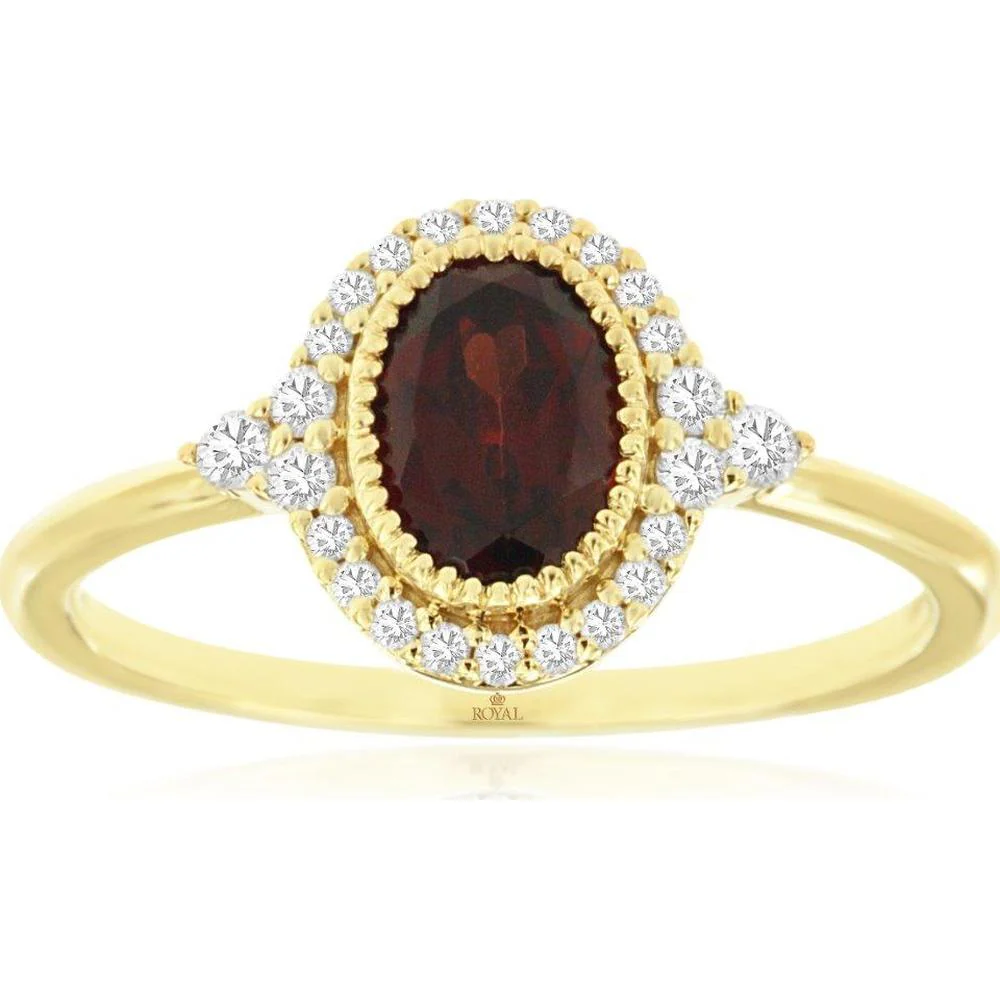 14K Yellow Gold Oval Garnet and Diamond Halo Ring with Milgrain-Inspired Detail - 0.70 Carat Garnet and 0.16 Carat Total Diamond Weight - Royal Jewelry