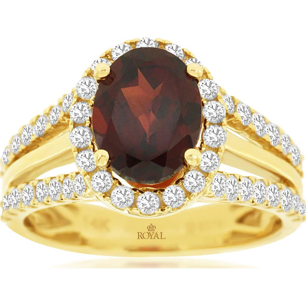 14K Yellow Gold Oval Garnet and Diamond Halo Ring with Split Shank Milgrain Detail – 2.20 Carat Garnet and 0.82 Carat Total Diamond Weight - Royal Jewelry