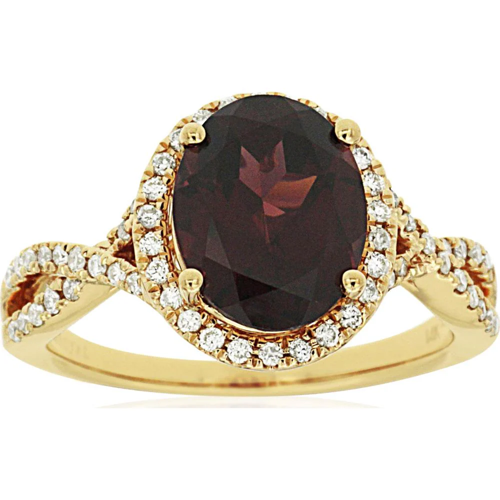 14K Yellow Gold Oval Garnet Halo Ring with Round Diamonds - 2.75 Carat Garnet and 0.30 Carat Total Diamond Weight - Royal Jewelry