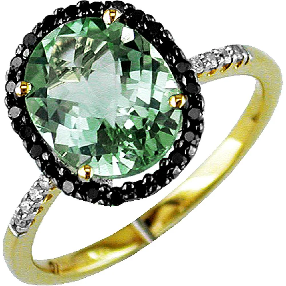 14K Yellow Gold Oval Green Amethyst Ring with Round Black Diamond Halo and Diamond Accents - 2.55 Carat Green Amethyst with 0.20 Carat Total Diamonds - Royal Jewelry