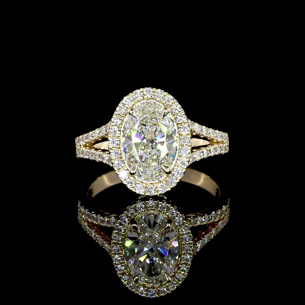 14K Yellow Gold Oval Halo Split Shank Ring with 1.02 Carat D VS1 Lab Diamond and 0.42 Carat Double Halo of Brilliant Round Lab Diamonds - 1.44 Total Carat Weight - Covaloro Fine Jewelry