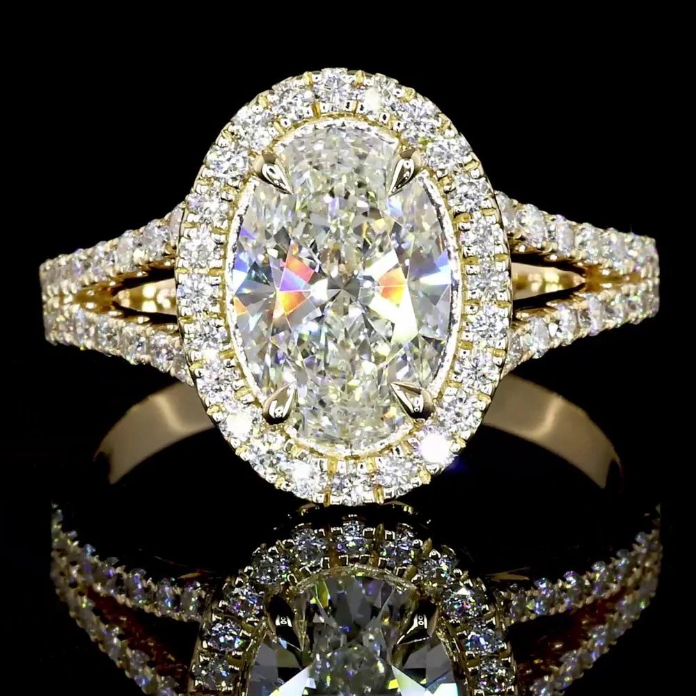 14K Yellow Gold Oval Halo Split Shank Ring with 1.02 Carat D VS1 Lab Diamond and 0.42 Carat Double Halo of Brilliant Round Lab Diamonds - 1.44 Total Carat Weight - Covaloro Fine Jewelry - Image 2