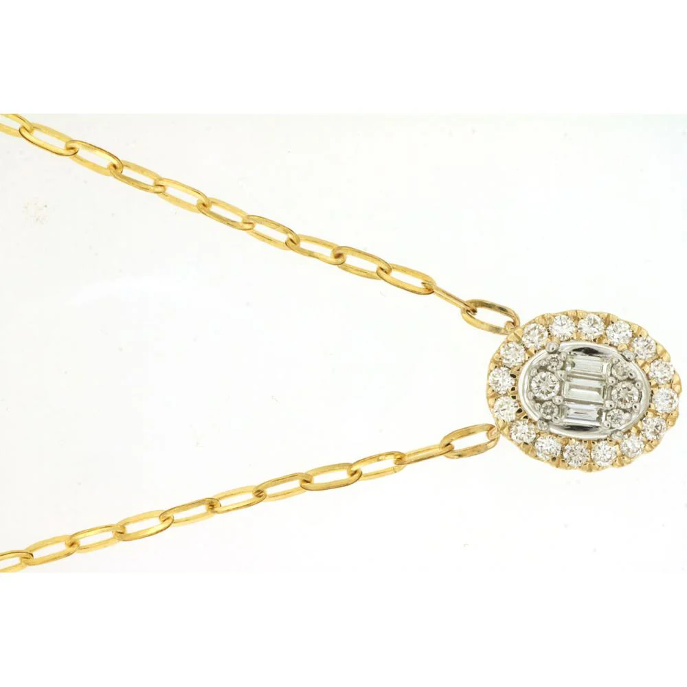 14K Yellow Gold Oval Halo Station Necklace with Round and Baguette Diamonds - 0.50 Carat Total Diamond Weight - Royal Jewelry