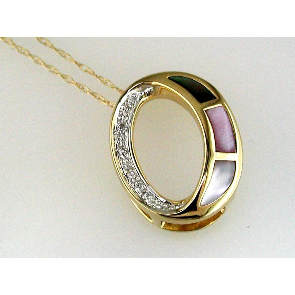 14K Yellow Gold Oval Initial Pendant with Round Diamond Accents and Mother of Pearl Inlay - 0.03 Carat Total Diamond Weight - Royal Jewelry