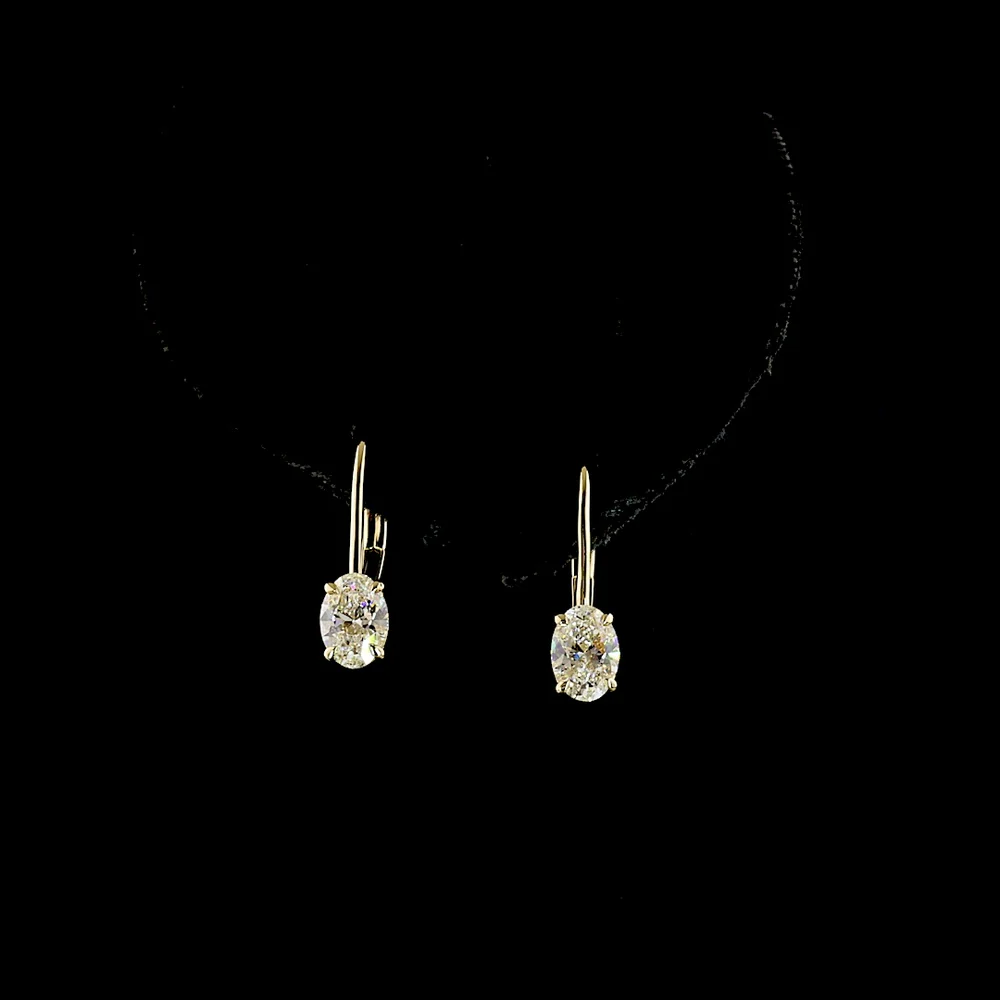 14K Yellow Gold Oval Lab Diamond Hanging Lever-Back Earrings - 2.26 Carat Total Weight, E-F Color VS1 Clarity - Covaloro Fine Jewelry