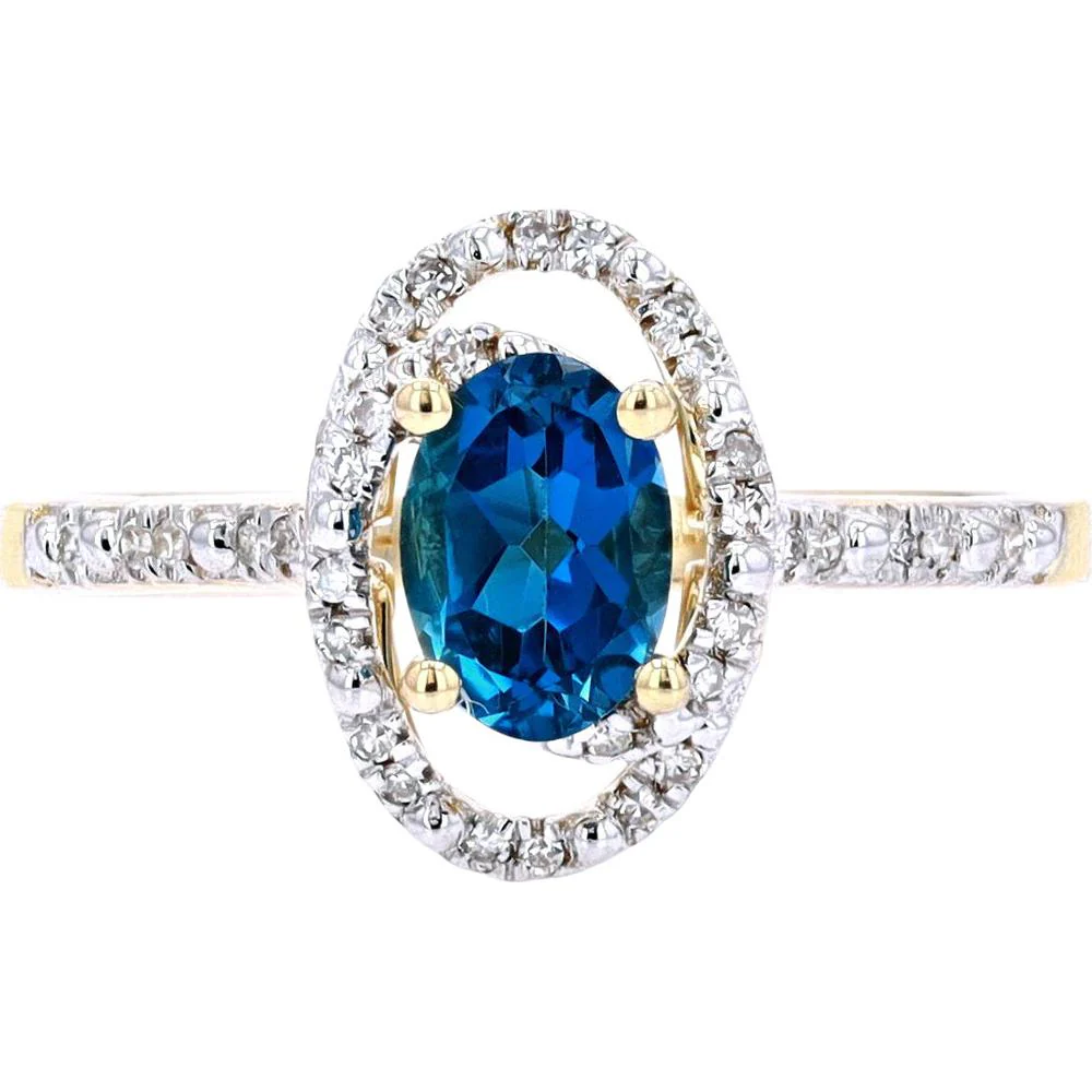 14K Yellow Gold Oval London Blue Topaz Ring with 1/10 Carat Total Diamond Halo